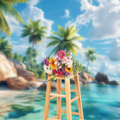 Lofaris Serene Tropical Island Coastline Palm Rocks Backdrop