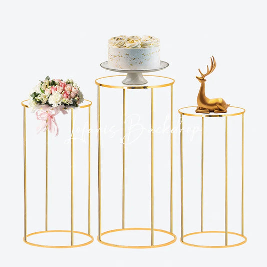 Lofaris 3pcs Cake Display Cylinder Stand Gold Metal Pedestals Plinths