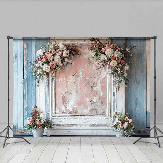 Lofaris Shabby Chic Floral Retro Wall Backdrop Distressed Wood and Pink Frame Photography Background