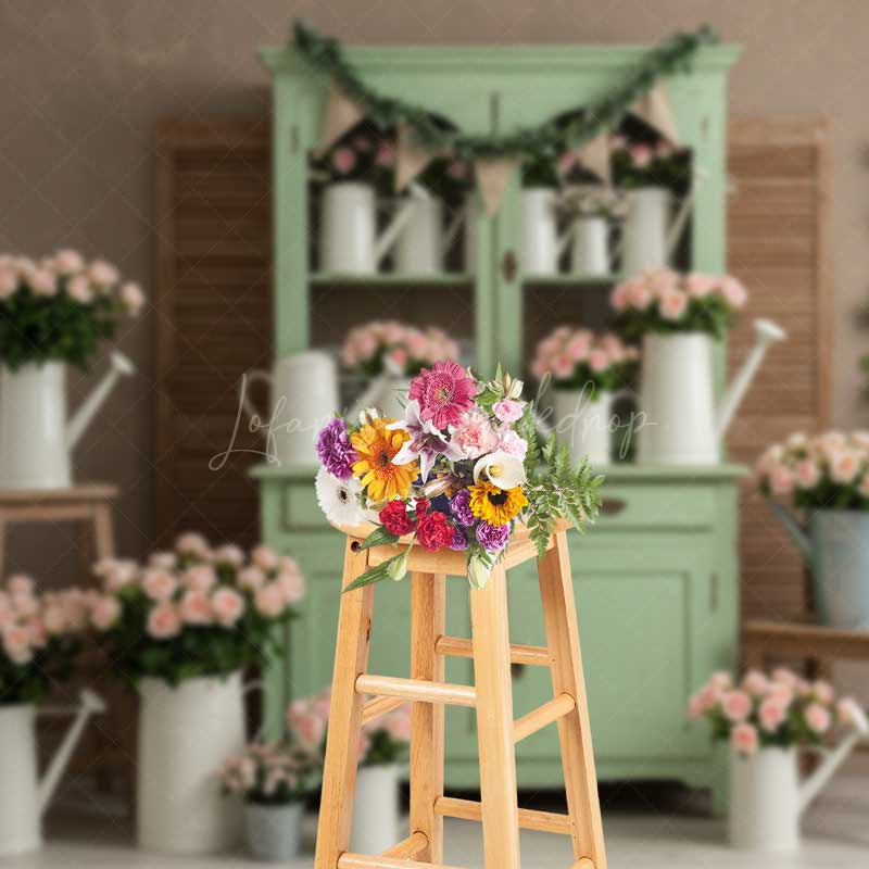 Lofaris Shabby Chic Flower Shop Photography Backdrop Sage Green Cabinet with Pink Roses Vintage Farmhouse Photo Prop
