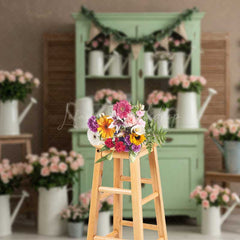 Lofaris Shabby Chic Flower Shop Photography Backdrop Sage Green Cabinet with Pink Roses Vintage Farmhouse Photo Prop