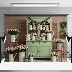 Lofaris Shabby Chic Flower Shop Photography Backdrop Sage Green Cabinet with Pink Roses Vintage Farmhouse Photo Prop
