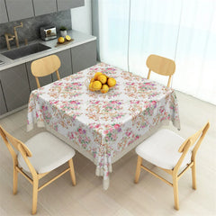 Lofaris Shabby Chic Pink Rose and Gold Scroll Rectangle Tablecloth Floral Lace Edge Table Cover for Tea Party