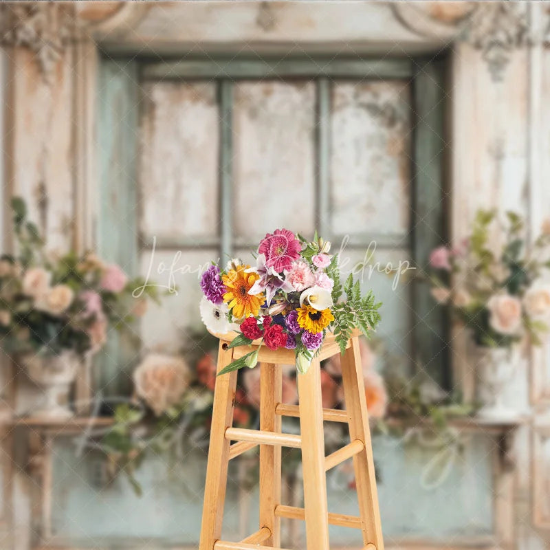 Lofaris Shabby Chic Window and Rose Photography Backdrop Rustic French Country Floral Photo Background