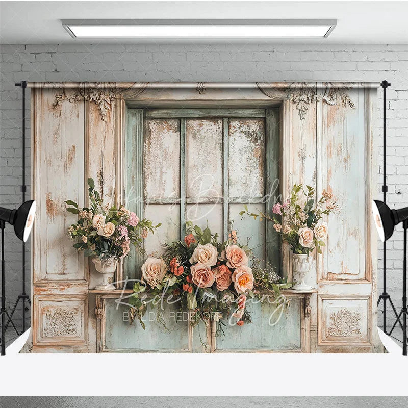 Lofaris Shabby Chic Window and Rose Photography Backdrop Rustic French Country Floral Photo Background