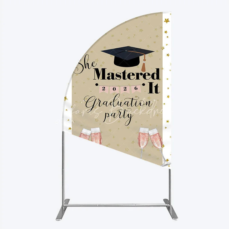 Lofaris She Mastered It 2026 Graduation Half Moon Arch Backdrop Gold Star and Champagne Party Cover