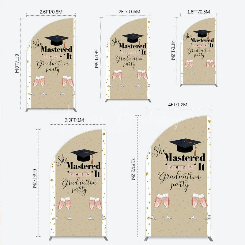 Lofaris She Mastered It 2026 Graduation Half Moon Arch Backdrop Gold Star and Champagne Party Cover