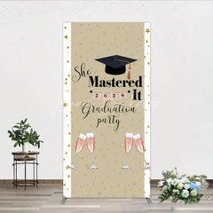 Lofaris She Mastered It 2026 Graduation Rectangle Backdrop Gold Star and Champagne Party Cover