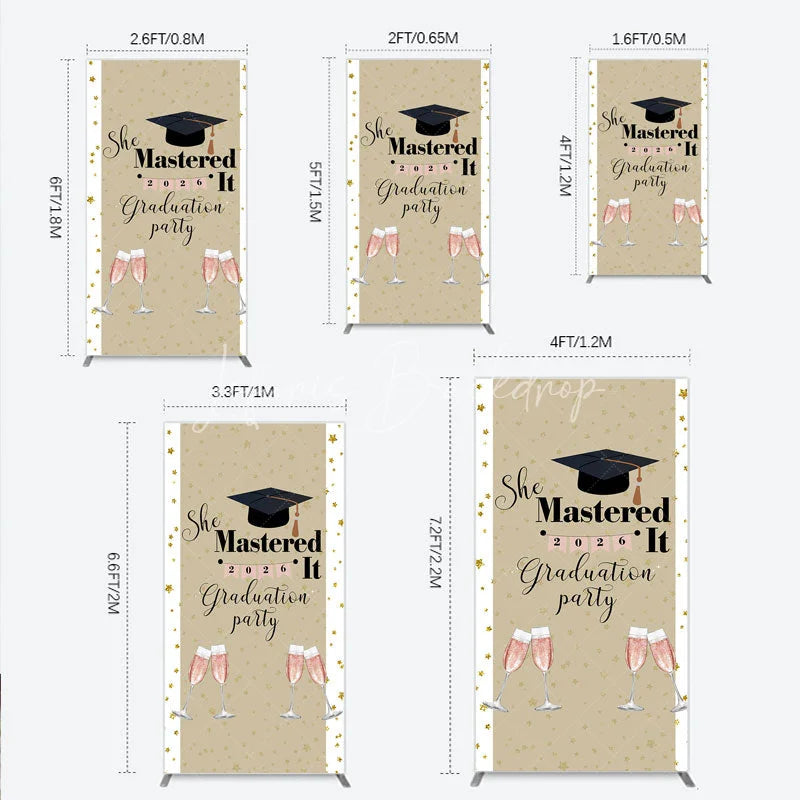 Lofaris She Mastered It 2026 Graduation Rectangle Backdrop Gold Star and Champagne Party Cover