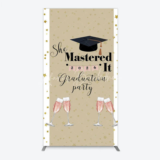 Lofaris She Mastered It 2026 Graduation Rectangle Backdrop Gold Star and Champagne Party Cover
