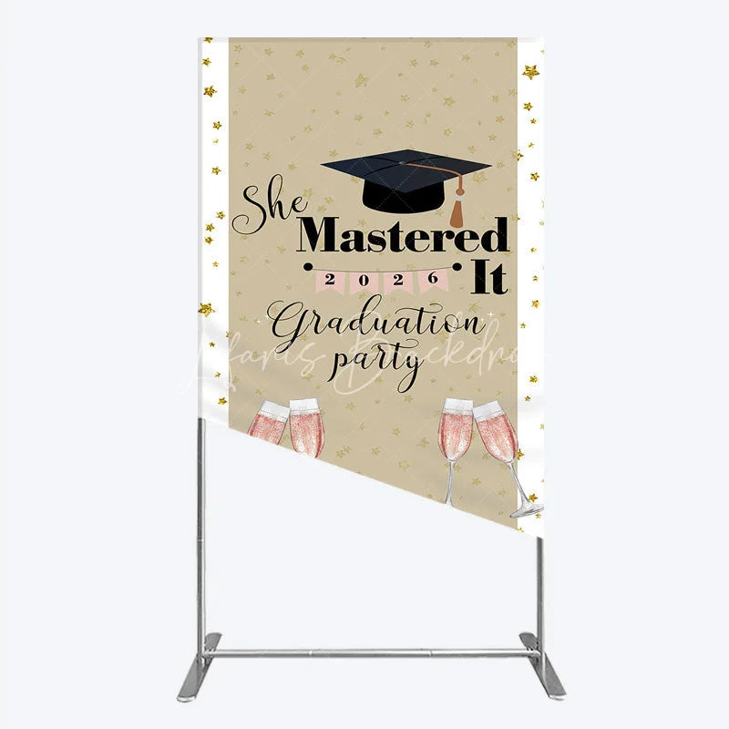 Lofaris She Mastered It 2026 Graduation Rectangle Backdrop Gold Star and Champagne Party Cover