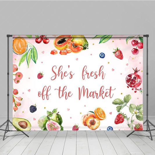 Lofaris She’s Fresh Off The Market Bridal Shower Backdrop Watercolor Fruit Theme Fun Bachelorette Party Photo Prop