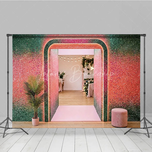 Lofaris Shimmering Green and Pink Glitter Gradient Archway Photography Backdrop Vibrant Party Celebration Decor