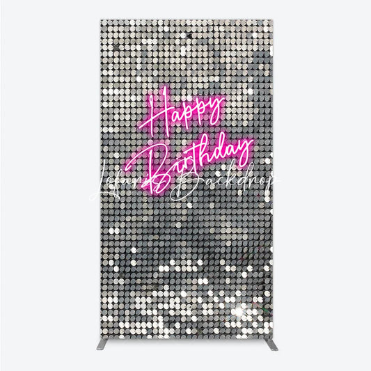 Lofaris Shimmering Silver Sequin Happy Birthday Neon Pink Rectangle Arch Backdrop Glamorous Party Decoration