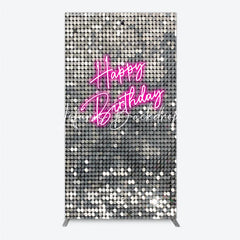 Lofaris Shimmering Silver Sequin Happy Birthday Neon Pink Rectangle Arch Backdrop Glamorous Party Decoration