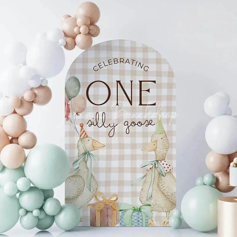 Lofaris Silly Goose Plaid Birthday Backdrop Whimsical Kids Party Arch Decor Farmhouse Theme Photo Booth Background
