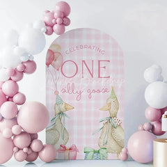 Lofaris Silly Goose Plaid Birthday Backdrop Whimsical Kids Party Arch Decor Farmhouse Theme Photo Booth Background