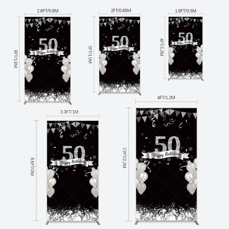Lofaris Silver Glitter Balloon 50 Birthday Rectangle Backdrop