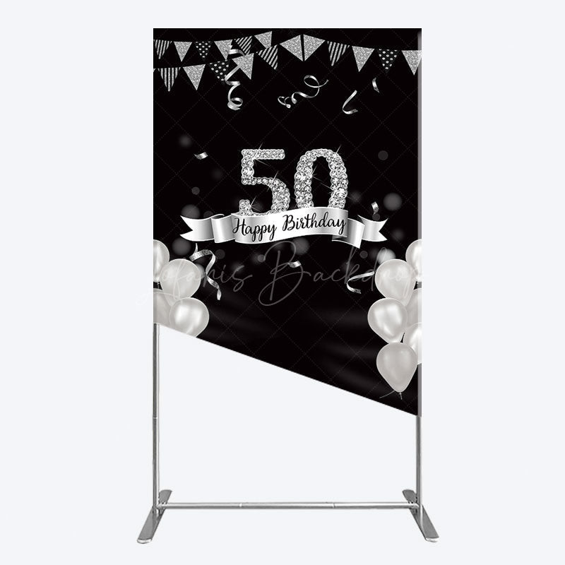 Lofaris Silver Glitter Balloon 50 Birthday Rectangle Backdrop