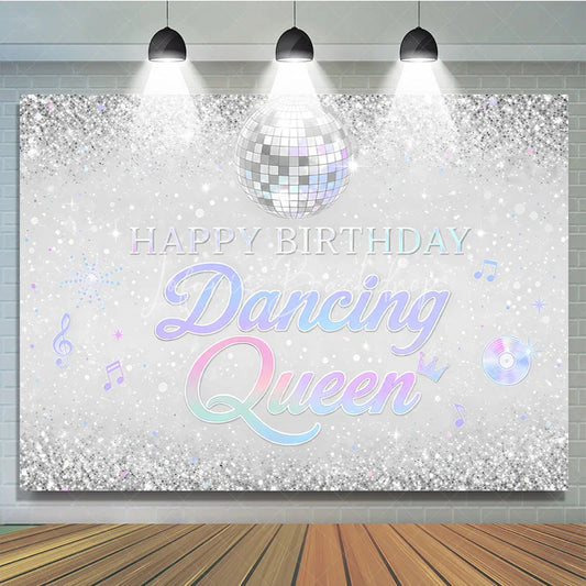 Lofaris Silver Glitter Disco Ball Dancing Queen Happy Birthday Backdrop Iridescent Music Notes Party Decor