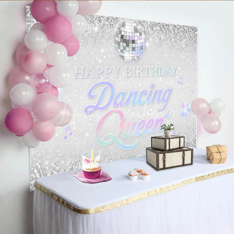 Lofaris Silver Glitter Disco Ball Dancing Queen Happy Birthday Backdrop Iridescent Music Notes Party Decor