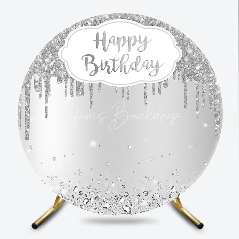 Lofaris Silver Glitter Happy Birthday Round Backdrop Shimmery Celebration Party Decor Photo Booth Wall