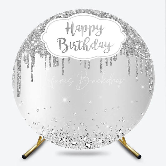 Lofaris Silver Glitter Happy Birthday Round Backdrop Shimmery Celebration Party Decor Photo Booth Wall