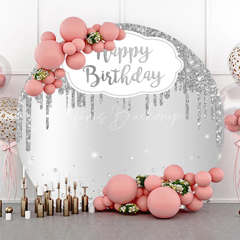 Lofaris Silver Glitter Happy Birthday Round Backdrop Shimmery Celebration Party Decor Photo Booth Wall
