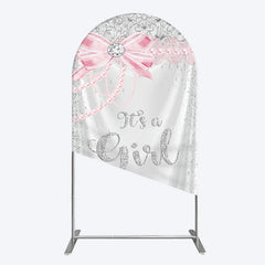 Lofaris Silver Glitter Pink Bow Its A Girl Arch Backdrop