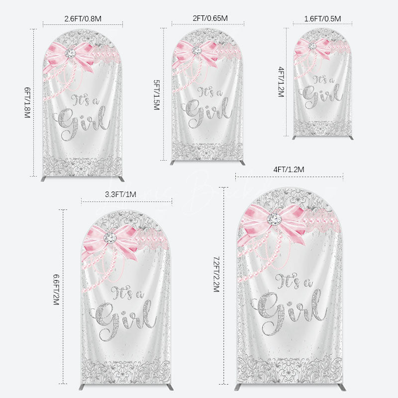 Lofaris Silver Glitter Pink Bow Its A Girl Arch Backdrop