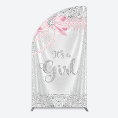 Lofaris Silver Glitter Pink Bow Its A Girl Half Moon Arch Backdrop