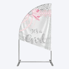 Lofaris Silver Glitter Pink Bow Its A Girl Half Moon Arch Backdrop