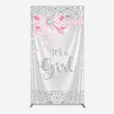 Lofaris Silver Glitter Pink Bow Its A Girl Rectangle Backdrop