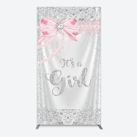 Lofaris Silver Glitter Pink Bow Its A Girl Rectangle Backdrop