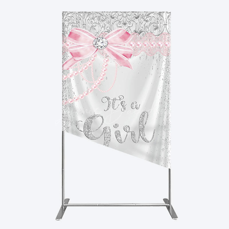 Lofaris Silver Glitter Pink Bow Its A Girl Rectangle Backdrop