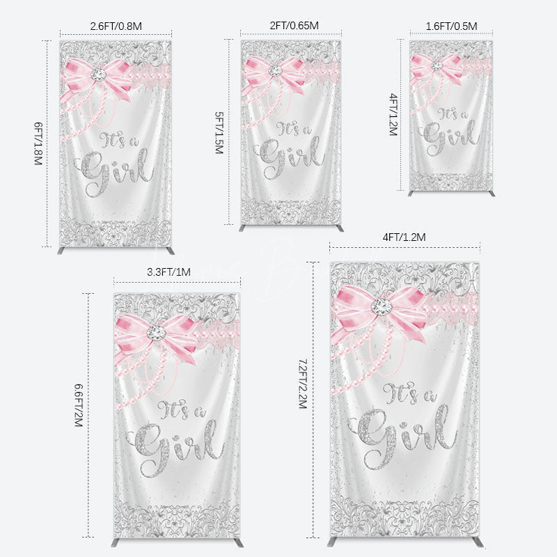 Lofaris Silver Glitter Pink Bow Its A Girl Rectangle Backdrop