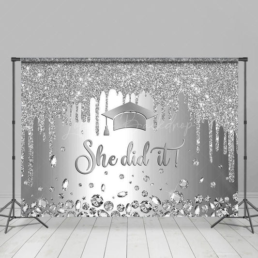 Lofaris Silver Glitter She Did It Cap Congrats Grad Backdrop