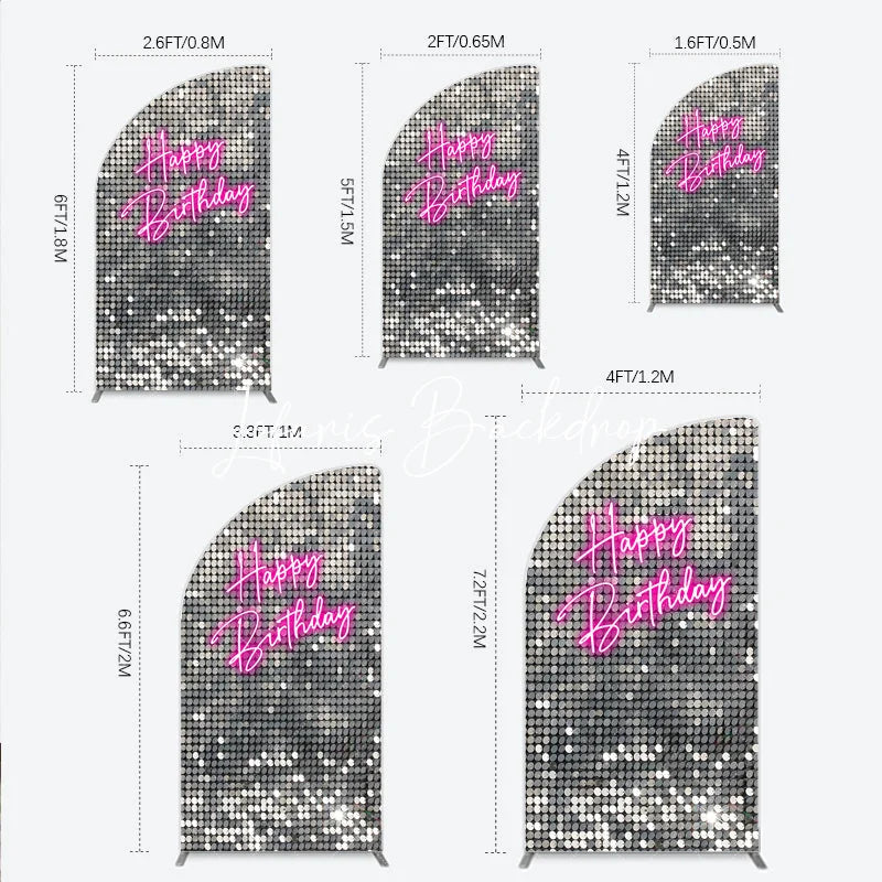 Lofaris Silver Sequin Neon Happy Birthday Half Moon Arch Backdrop Glamorous Pink Party Decoration Photo Booth Prop