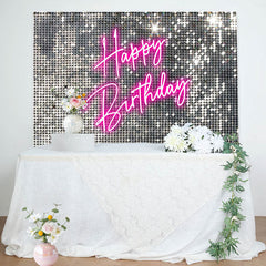 Lofaris Silver Sequins Pink Neon Happy Birthday Backdrop