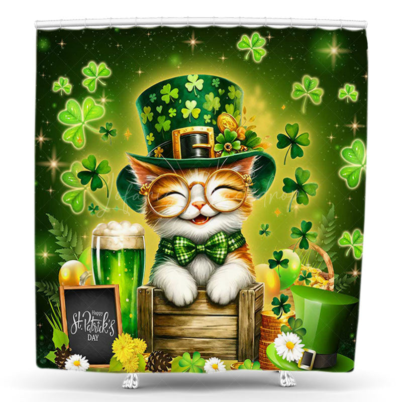 Lofaris Simle Cat Green Clover St Patricks Day Shower Curtain