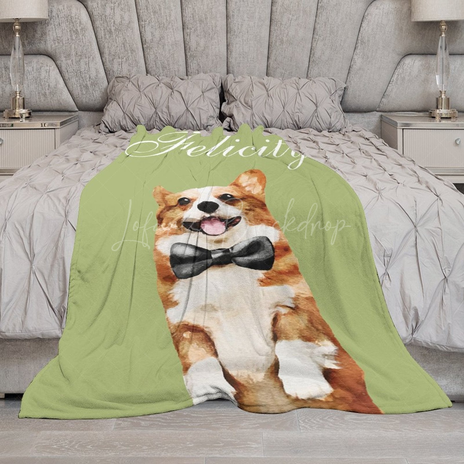 Lofaris Simple Green Corgi Custom Pet Name Photo Blanket
