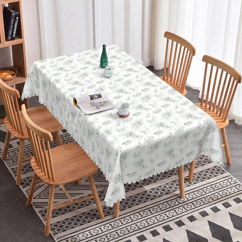 Lofaris Simple Greenery Rectangle Tablecloth Grey Botanical Print on White Modern Farmhouse Kitchen Dining Decor
