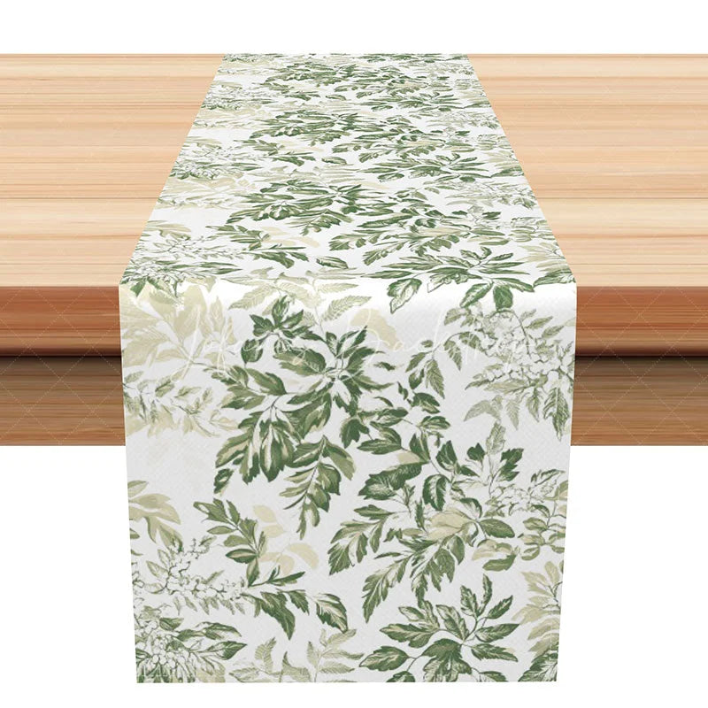 Lofaris Simple Greenery Table Runner Botanical Leaf Print on White Modern Farmhouse Kitchen Dining Decor