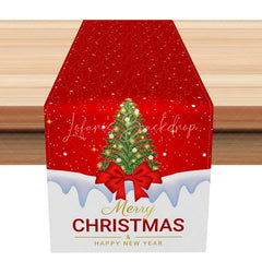 Lofaris Simple Merry Christmas Table Runner Red with Tree and Bow Holiday Dining Decor