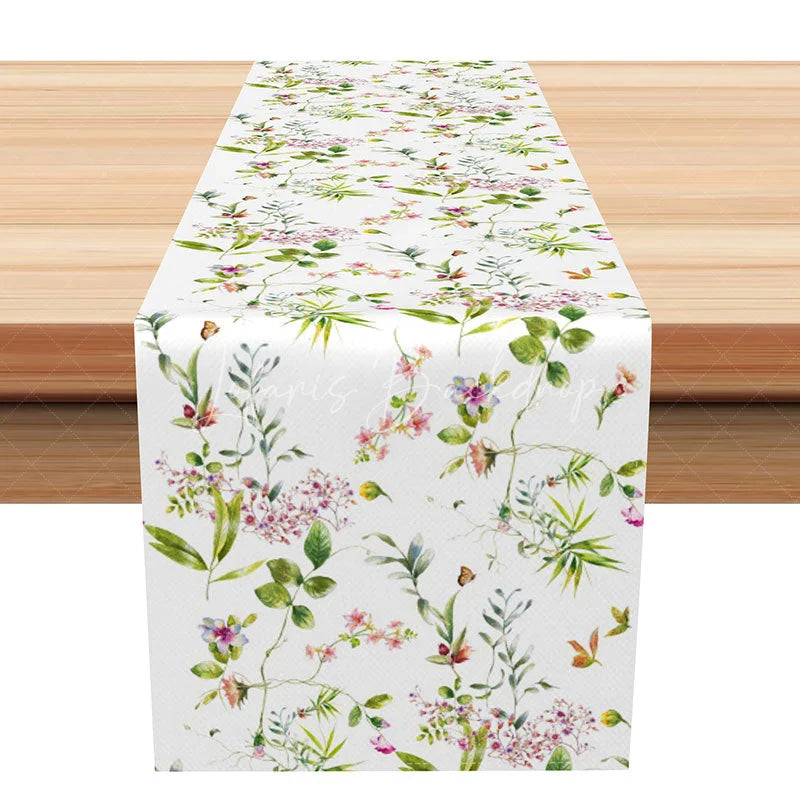 Lofaris Simple Pink Floral Table Runner with Green Leaves Modern Farmhouse Kitchen Dining Decor