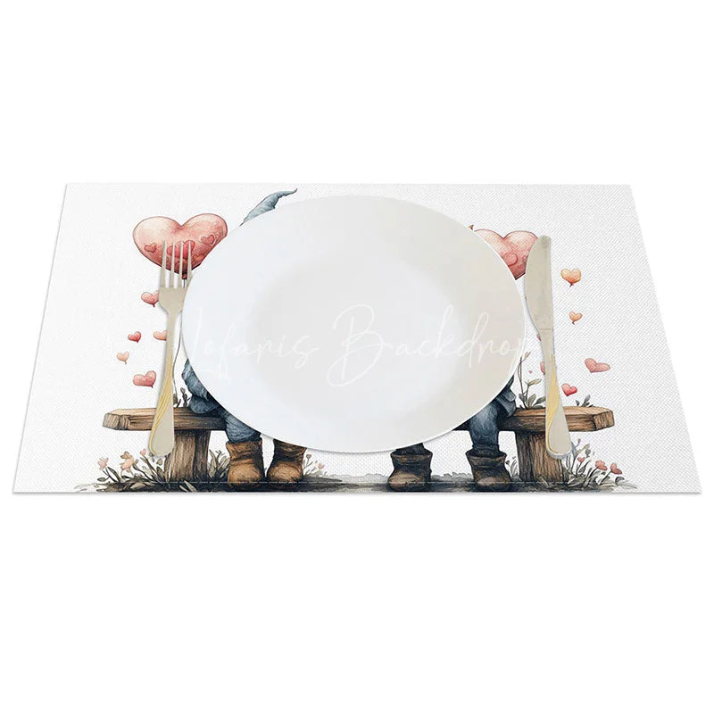 Lofaris Sitting Gnome Heart Balloon Set of 4 Placemats Red Blue Hat Valentine Decoration Cute Couple Dining Table Mat