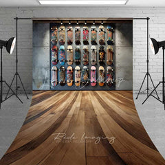 Lofaris Skateboard Shop Wall Sweep Photography Backdrop Urban Street Skate Deck Wood Floor Photo Background