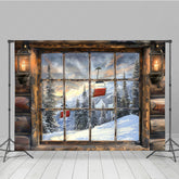 Lofaris Ski Lodge Cabin Window Photography Backdrop Snowy Mountain and Lift View Rustic Winter Holiday Background