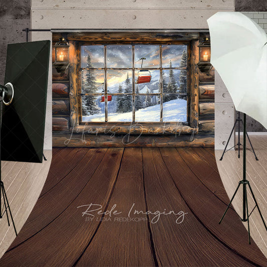Lofaris Ski Lodge Cabin Window Sweep Backdrop Snowy Mountain and Lift View Rustic Winter Holiday Floor Drop