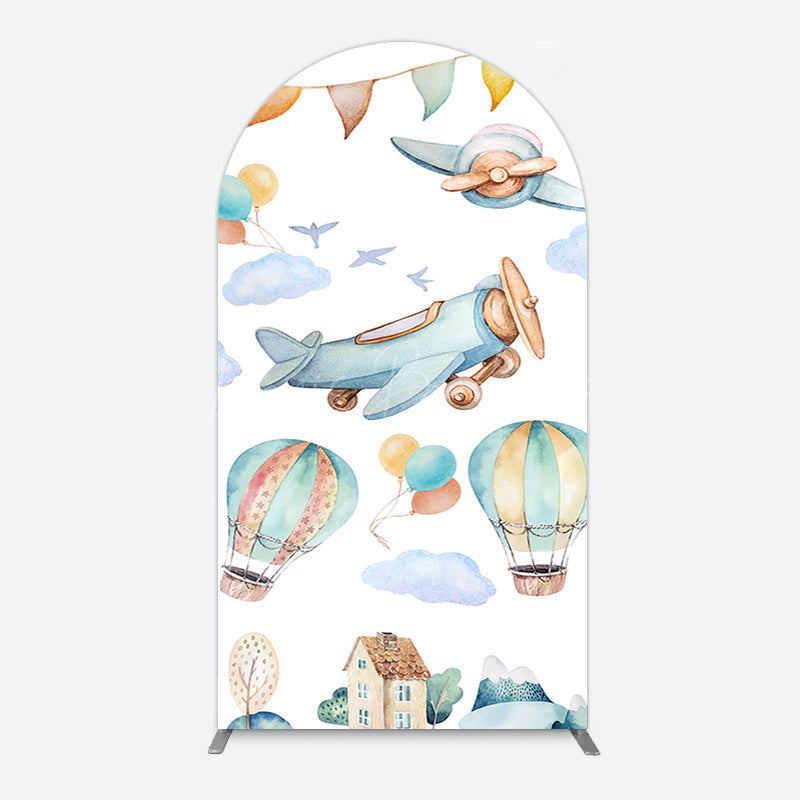 Lofaris Sky Airplane Hot Air Balloon Birthday Arch Backdrop